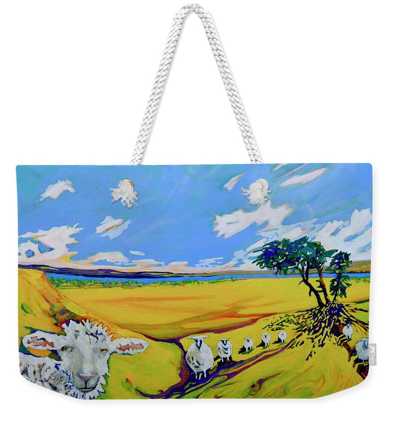 Sheep Weekender Tote Bag featuring the painting Sheep Coming Home by Marysue Ryan