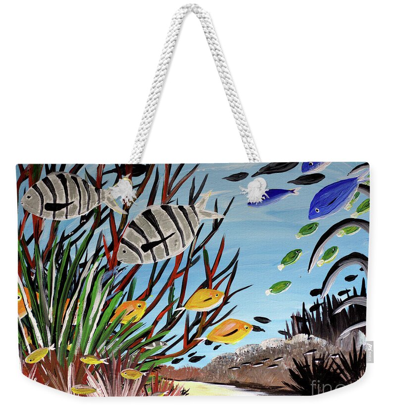 Fish Beach Ocean Sea Tropical Weekender Tote Bag featuring the painting Sheep Head with Yellow Fish by James and Donna Daugherty