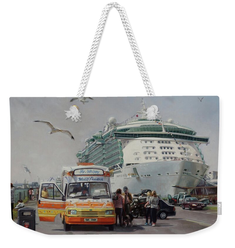Ship Weekender Tote Bag featuring the painting Ship and ice creams at Mayflower Park Southampton by Martin Davey