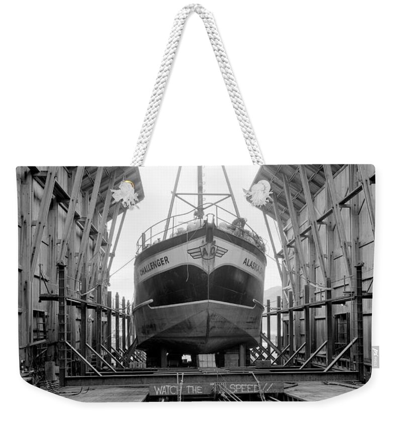 Ship Weekender Tote Bag featuring the photograph Ship In Repair Shed - Unalaska - Aleutian Islands by War Is Hell Store