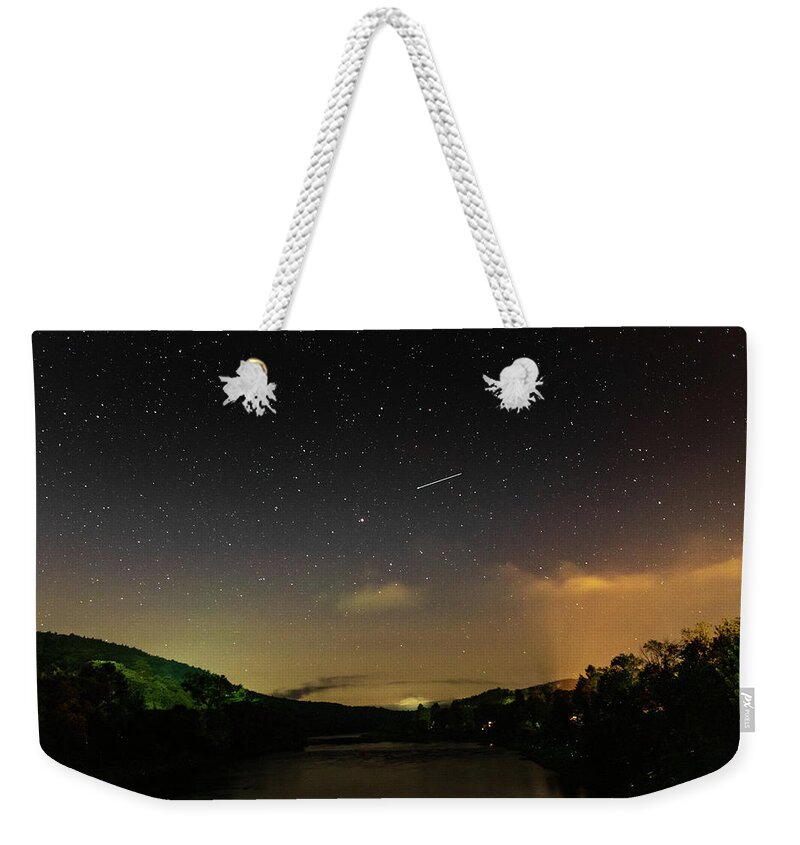 Night Weekender Tote Bag featuring the photograph Shooting Star Over The Upper Delaware River - Barryville NY Shohola PA Bridge by Amelia Pearn