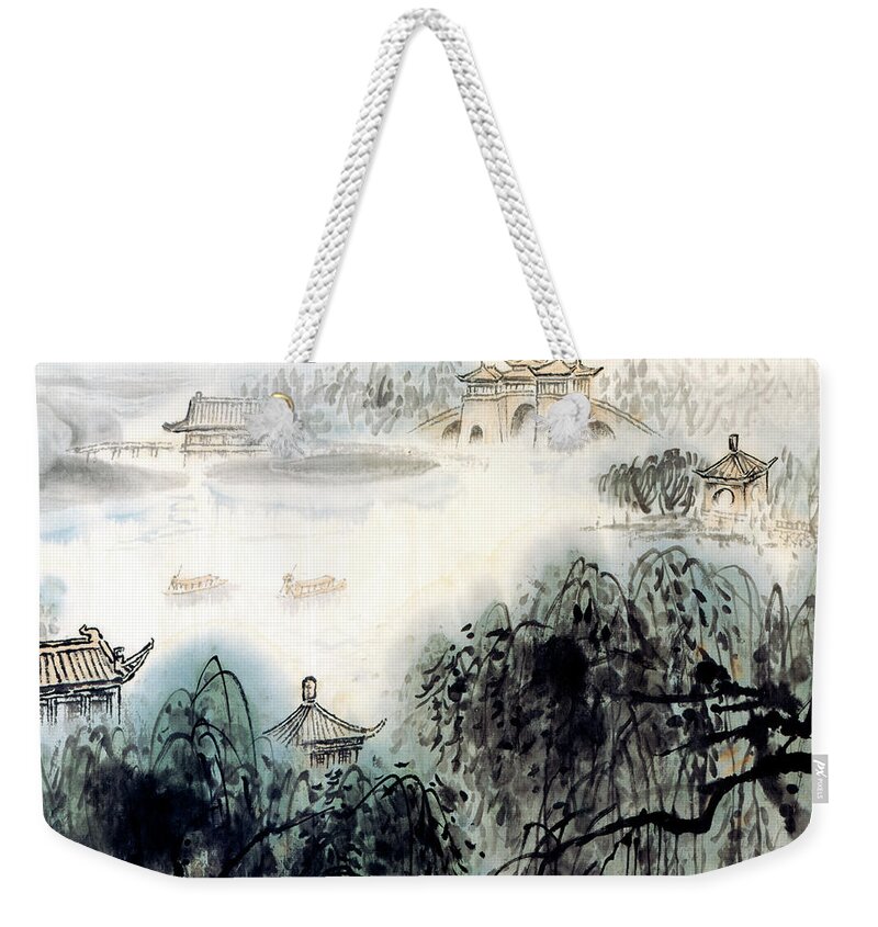 Yang Wenqing Weekender Tote Bag featuring the painting Shouxi Lake I by Yang Wenqing