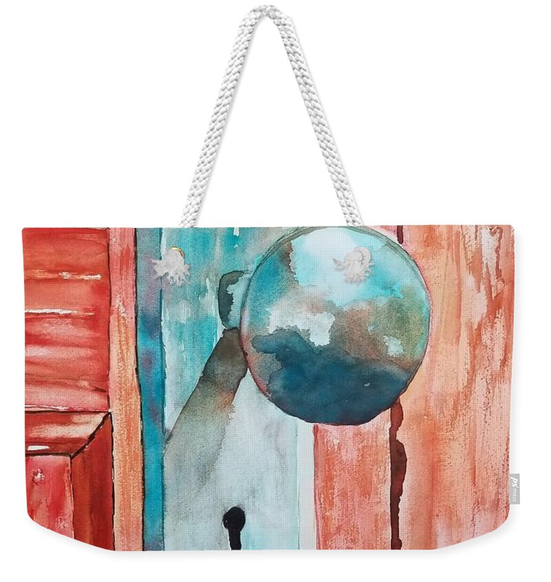 Door Knob Weekender Tote Bag featuring the painting Shut the Front Door by Ann Frederick