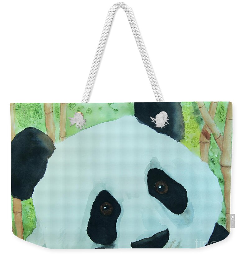 Watercolor Weekender Tote Bag featuring the painting Shy Panda by Jeanette French