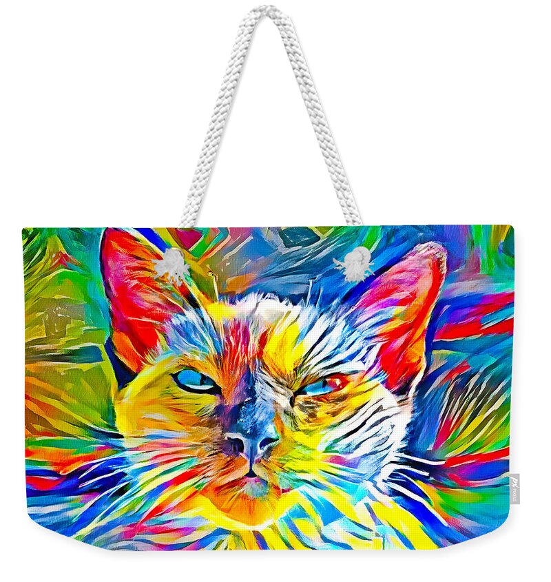 Siamese Cat Weekender Tote Bag featuring the digital art Siamese cat face in the sun - colorful zebra pattern painting by Nicko Prints