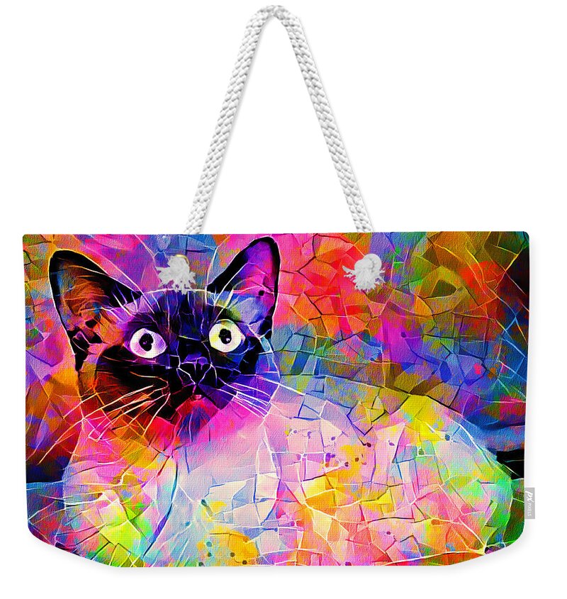 Alerted Cat Weekender Tote Bag featuring the digital art Siamese cat with a worried expression - colorful irregular tiles mosaic effect by Nicko Prints