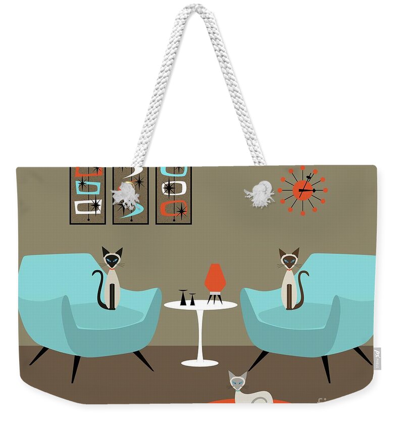 Siamese Cat Weekender Tote Bag featuring the digital art Siamese Cats in Orange and Blue by Donna Mibus