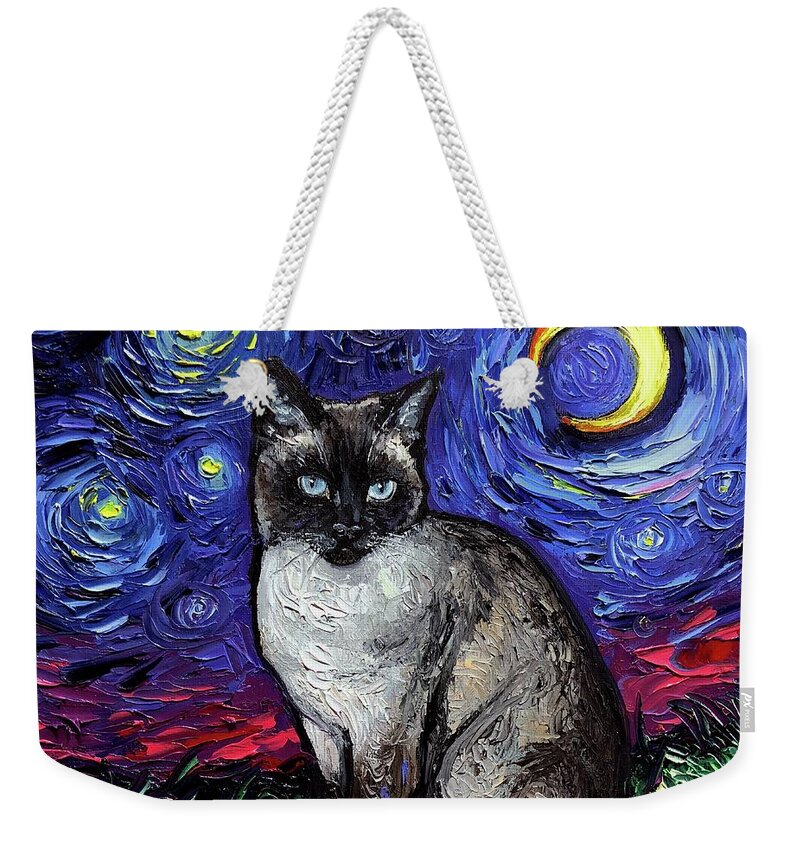 Siamese Cat Weekender Tote Bag featuring the painting Siamese Night by Aja Trier