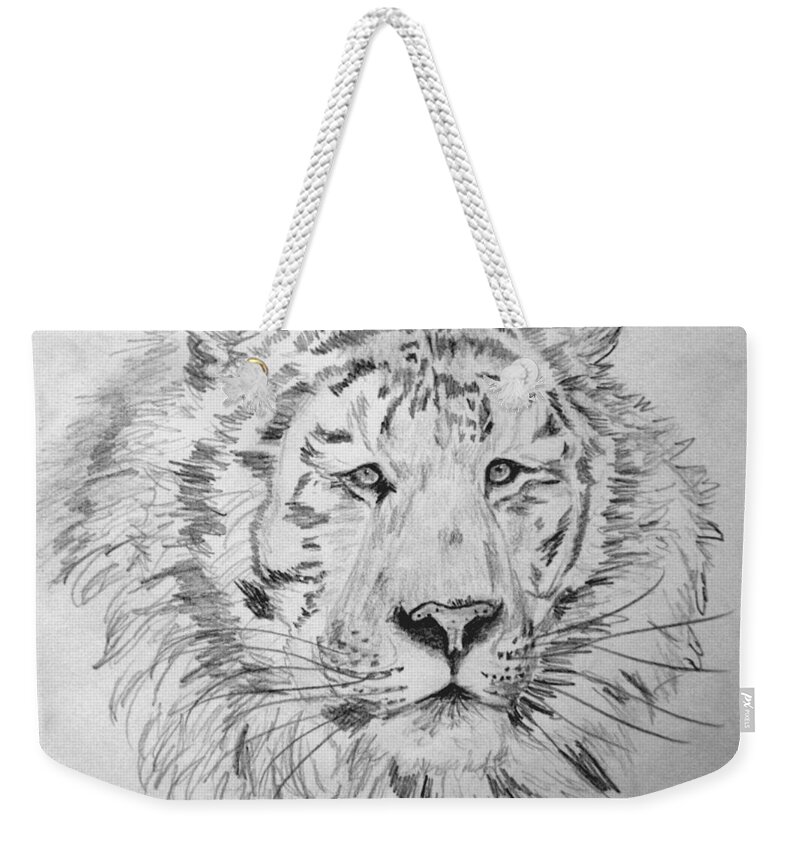 Tiger Weekender Tote Bag featuring the drawing Siberian Tiger by Vallee Johnson