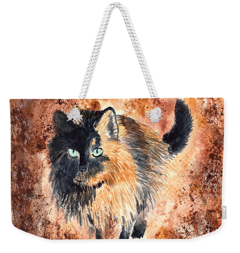 Cat Weekender Tote Bag featuring the painting Sierra the Tortoiseshell Cat by Conni Schaftenaar