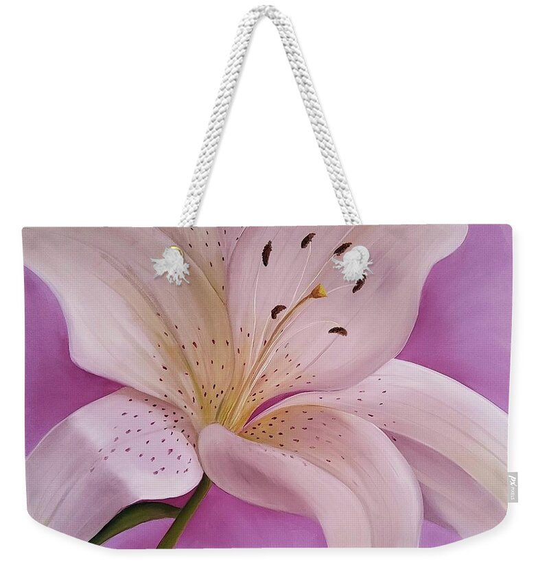 White Flower Weekender Tote Bag featuring the painting Sift White Asiatic by Connie Rish