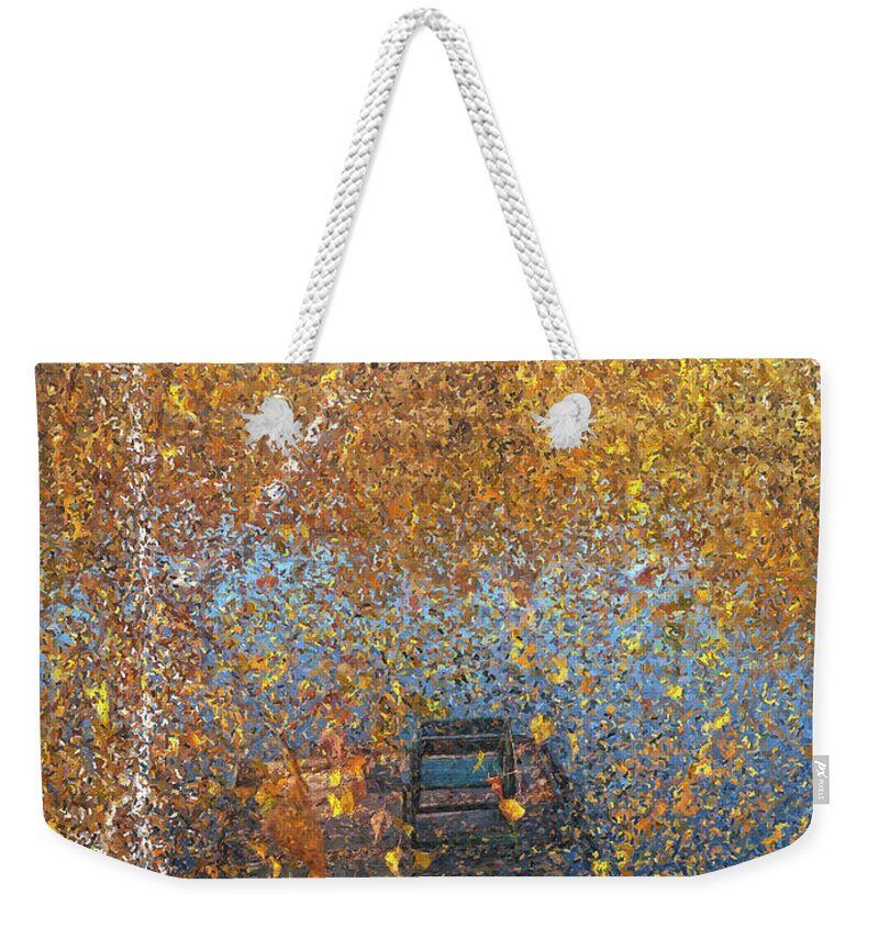 Pond Weekender Tote Bag featuring the painting Silence at the Autumn Pond by Alex Mir