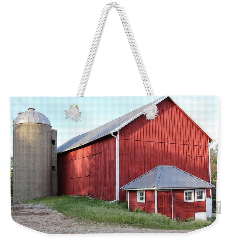 Red Barn Weekender Tote Bag featuring the photograph Silo and Barn by Callen Harty