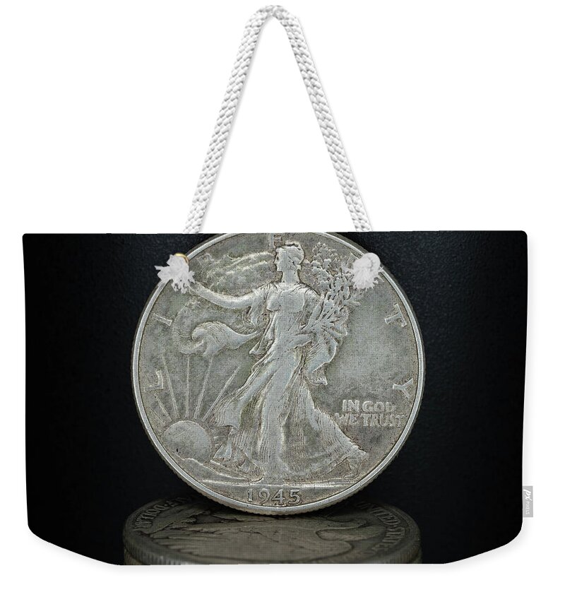 Silver Coin Weekender Tote Bag featuring the photograph Silver Coins 1945 Walking Liberty Half Dollar by Amelia Pearn