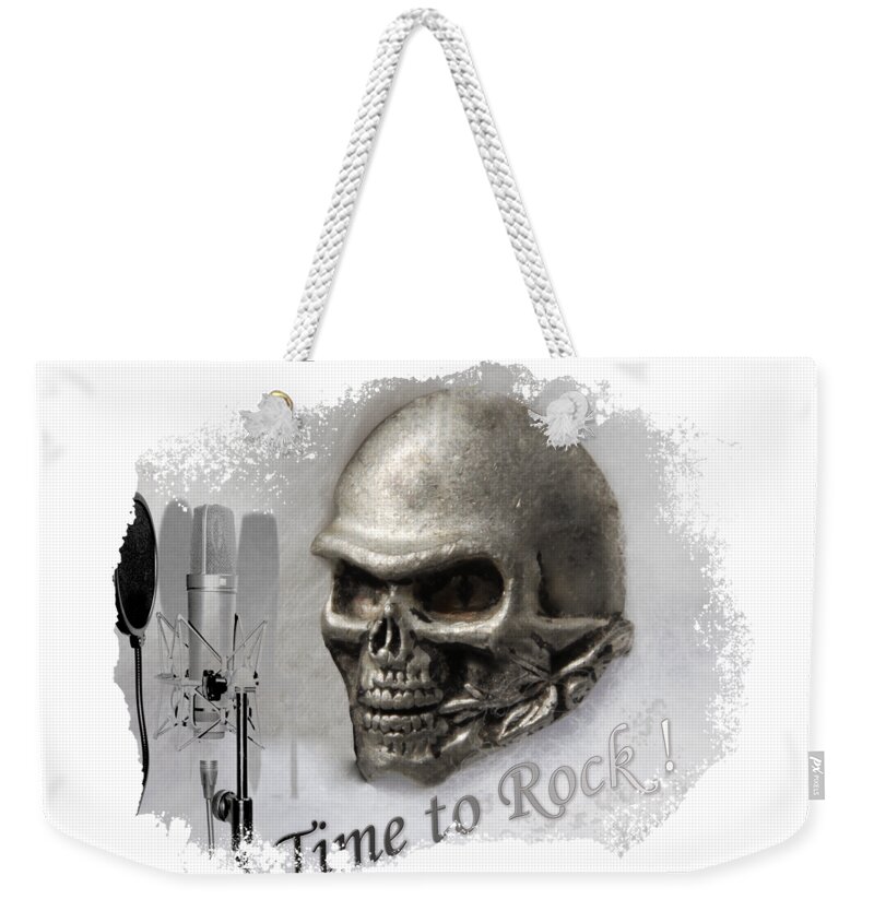 Silver Weekender Tote Bag featuring the digital art Silver metal skull with mic, rock music motivation by Tom Conway