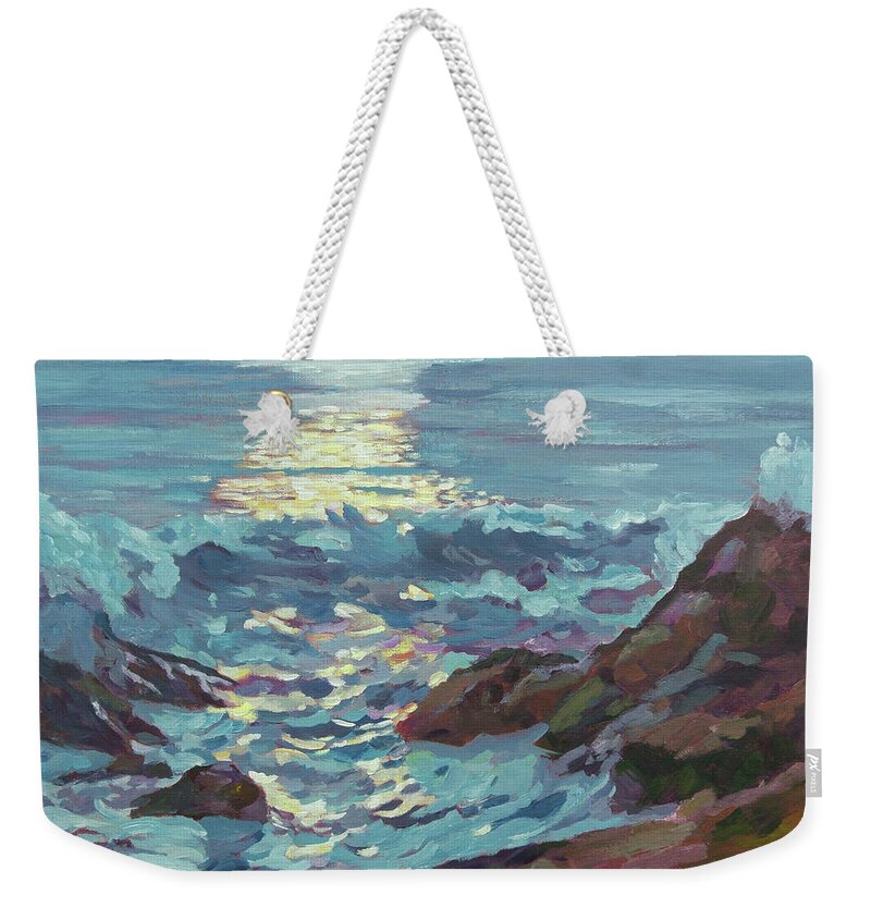 Seascape Weekender Tote Bag featuring the painting Silver Moonlight by David Lloyd Glover