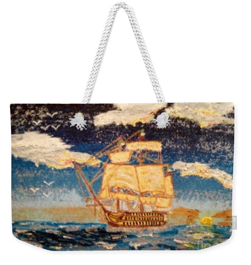 Ship Weekender Tote Bag featuring the painting Silver Seas by David Westwood