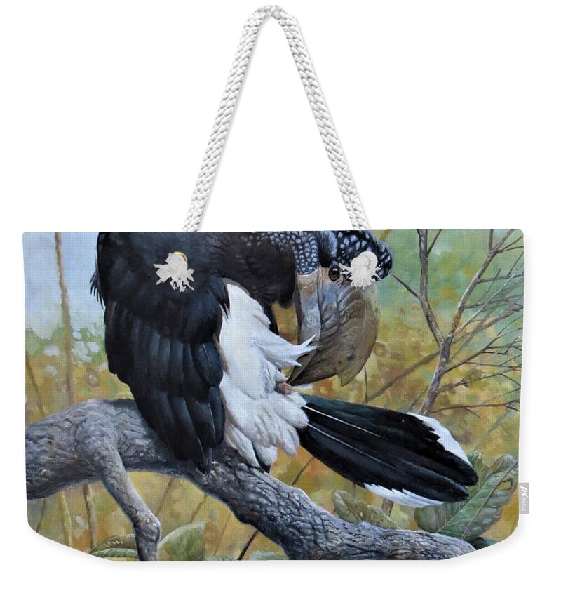 Silvery-cheeked Hornbill Weekender Tote Bag featuring the painting Silvery-cheeked Hornbill Preening by Barry Kent MacKay