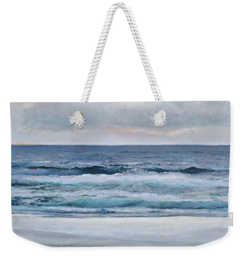 Ocean Weekender Tote Bag featuring the painting Silvery Morn - ocean seascape by Jan Matson
