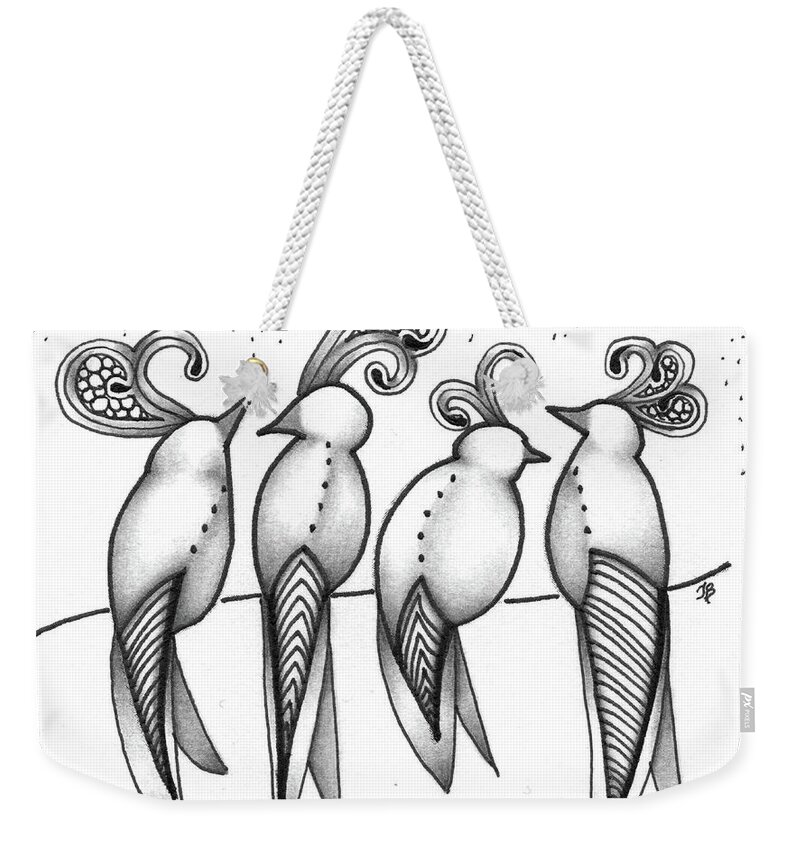 Birds Weekender Tote Bag featuring the drawing Singin' in the Rain by Jan Steinle