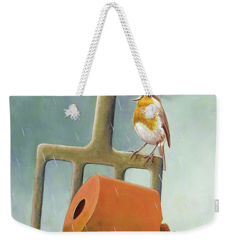 Robin Weekender Tote Bag featuring the painting Singing in the Rain by Gordon Palmer