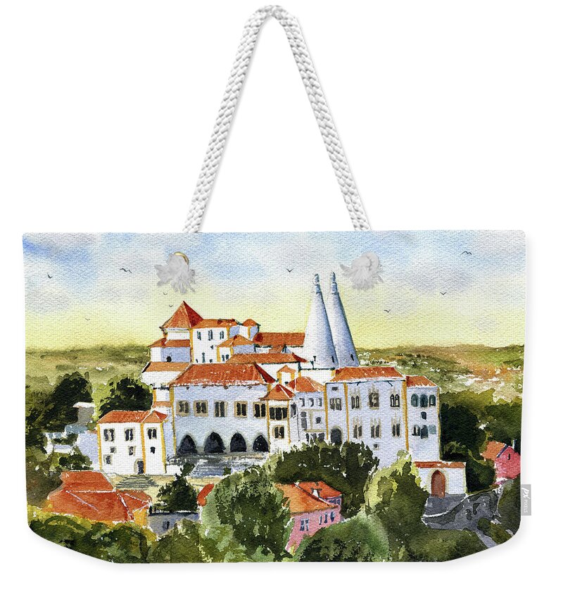 Portugal Weekender Tote Bag featuring the painting Sintra National Palace Painting by Dora Hathazi Mendes