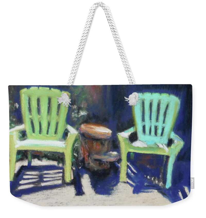 Green Chairs Weekender Tote Bag featuring the pastel Sit Awhile by Sandra Lee Scott