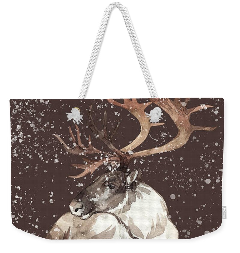 Deer Weekender Tote Bag featuring the digital art Sitting Deer with Snow by N Kirouac