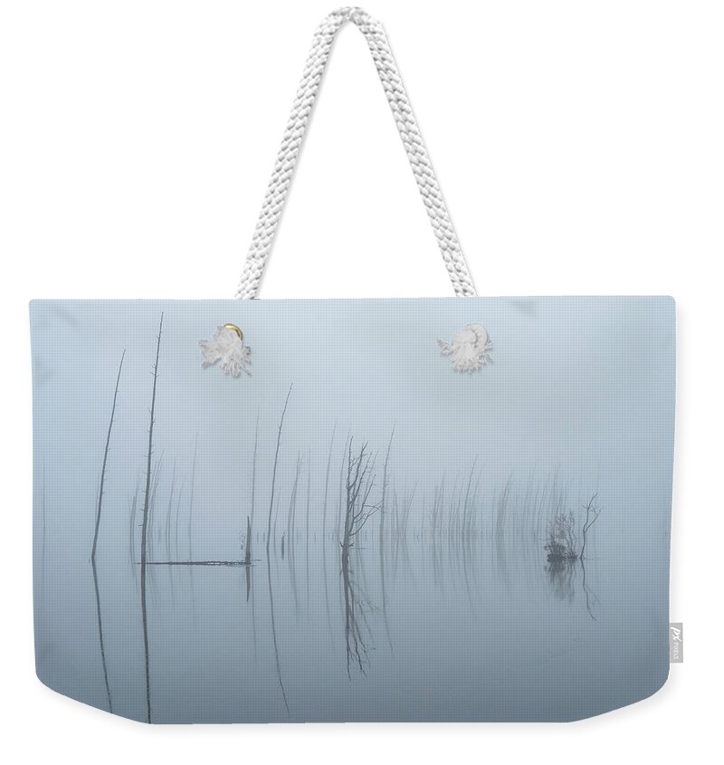 Makepeace Lake Weekender Tote Bag featuring the photograph Skeleton Trees In The Fog by Kristia Adams