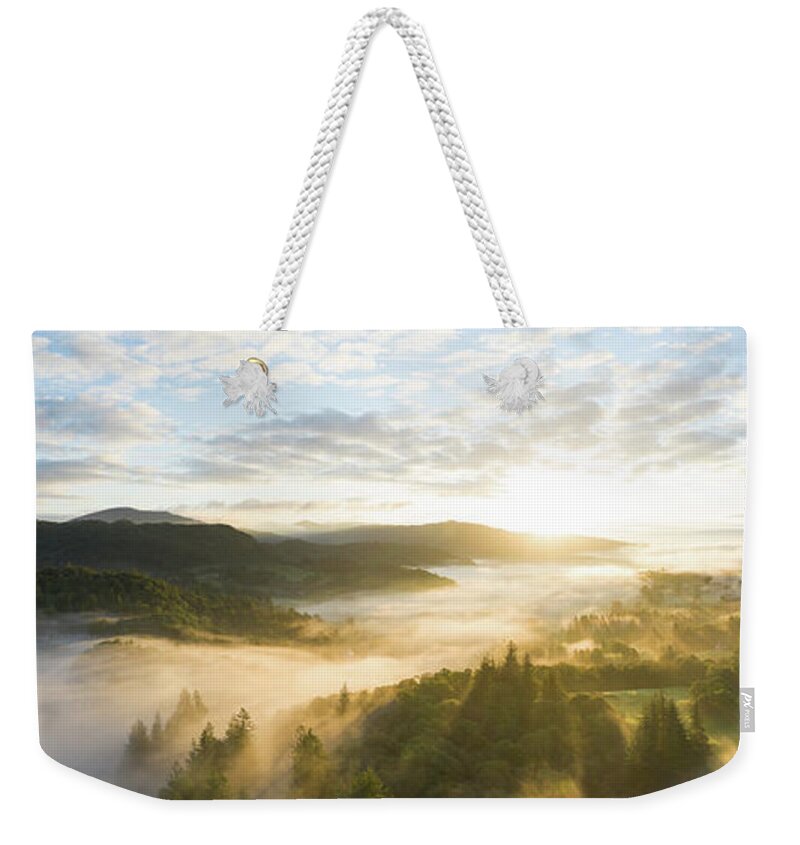 Panorama Weekender Tote Bag featuring the photograph Skelwith Bridge and Loughrigg Aerial. Sunrise Lake District England by Sonny Ryse