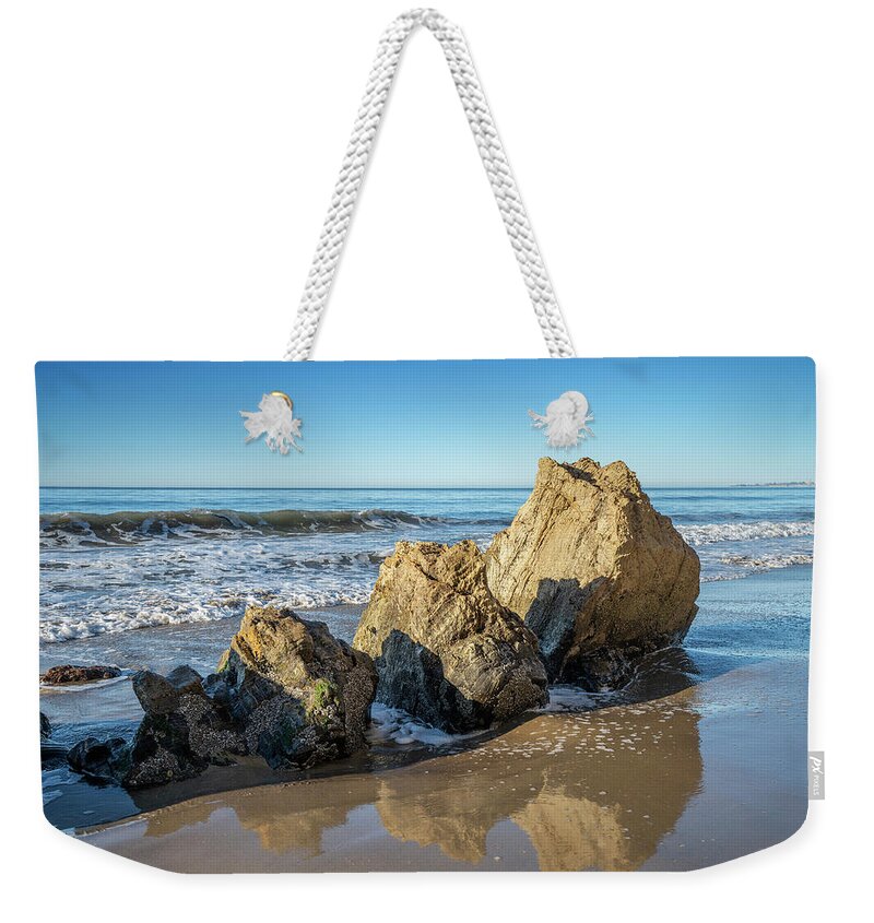 Santa Barbara Ca California Seascape Colorful Morning Light Ocean Shore Waves Surf Sand Rocks Striking Boulders Weekender Tote Bag featuring the photograph Skinny Dippers SS by Perry Hambright