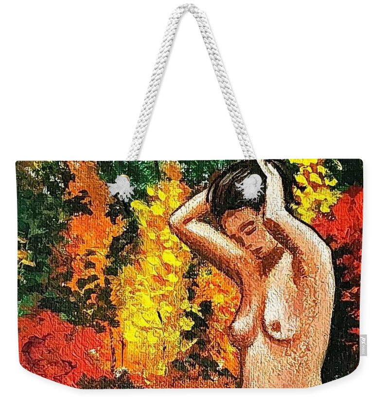 Weekender Tote Bag featuring the painting Skinny Dipping in Walden pond by James RODERICK