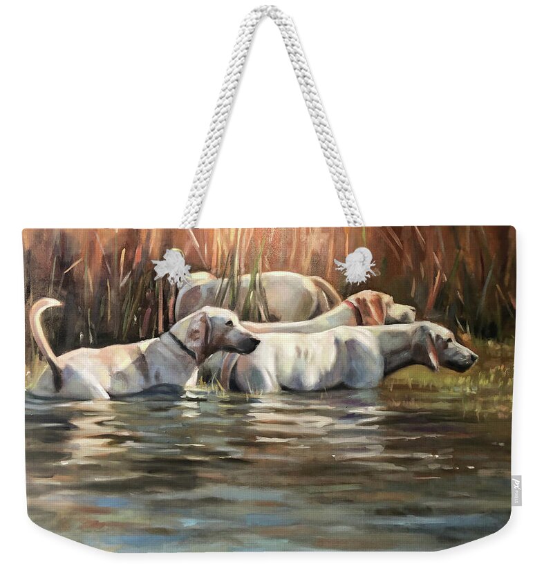 Hounds Dogs Painting Portrait Foxhounds Water Contemporary Weekender Tote Bag featuring the painting Skinny Dipping by Susan Bradbury