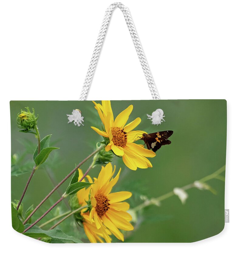 Sunflower Weekender Tote Bag featuring the photograph Skipper on Yellow Flowers by Mindy Musick King