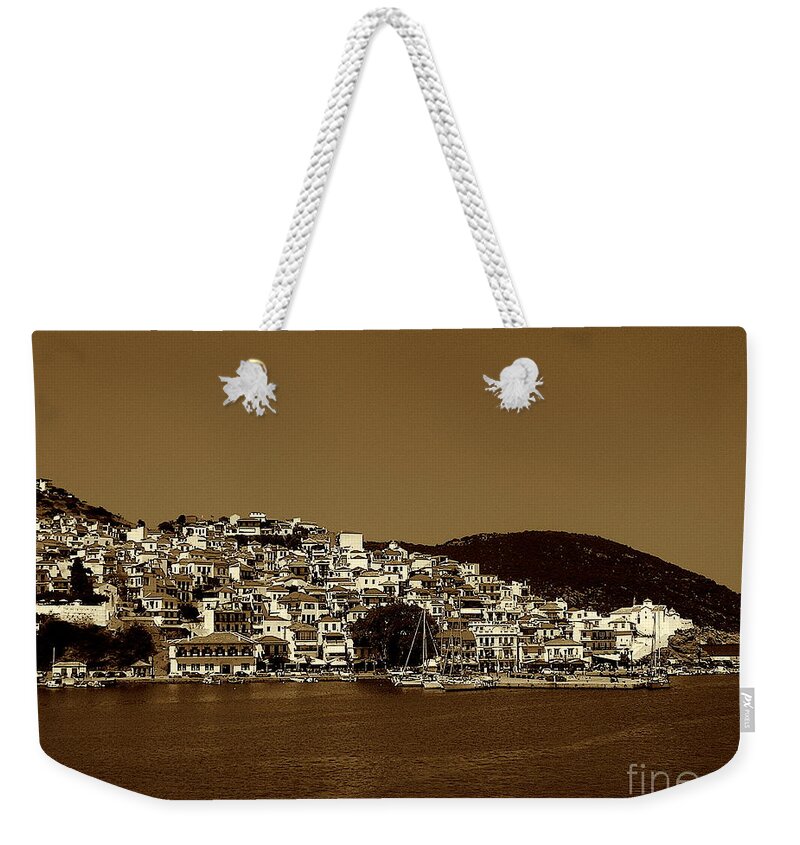 Skopelos Weekender Tote Bag featuring the photograph Skopelos Town, Greece 2, sepia by Paul Boizot