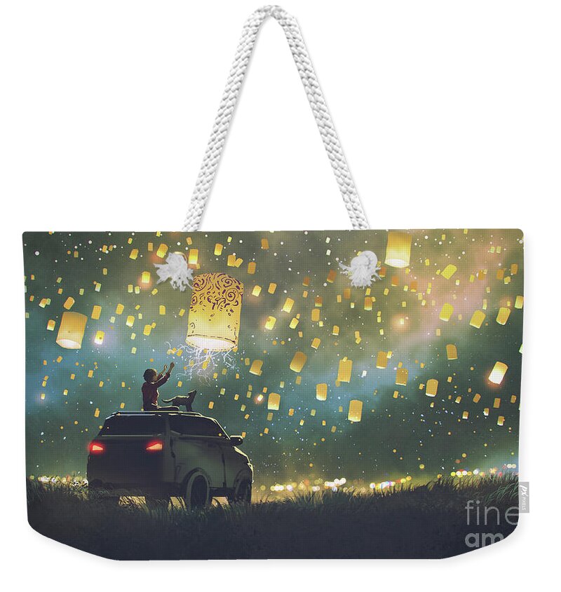 Illustration Weekender Tote Bag featuring the painting Sky lanterns in a starry night by Tithi Luadthong