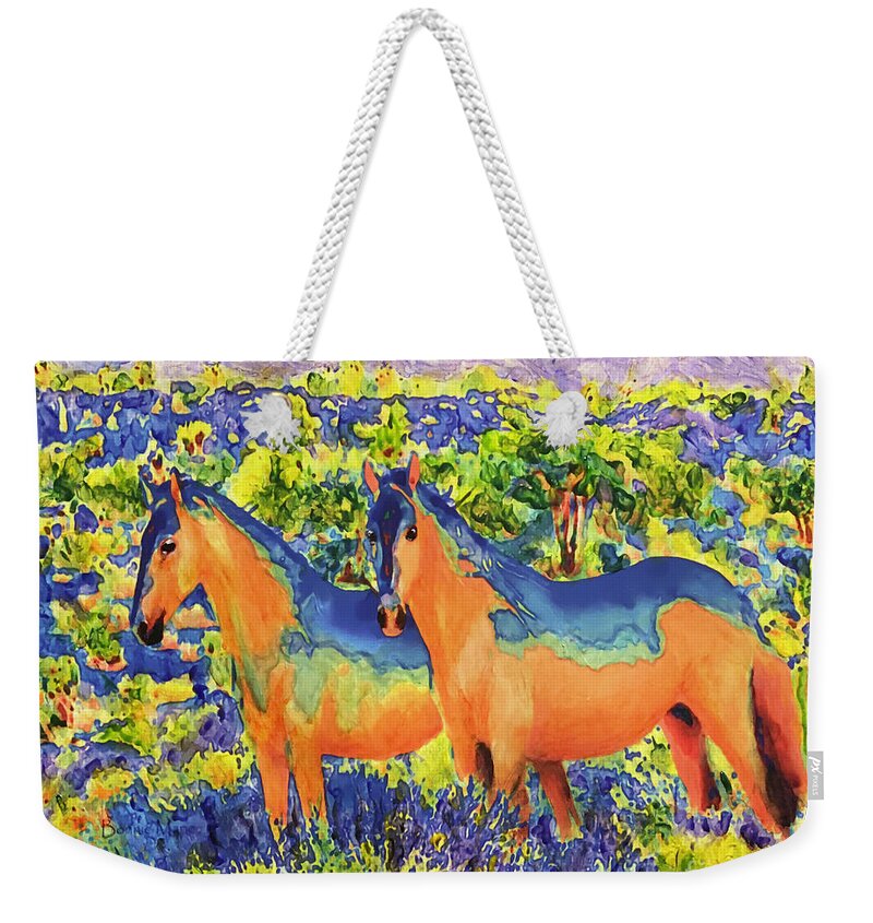 Sky Ponies Weekender Tote Bag featuring the painting Sky Ponies, Indian Painted by Bonnie Marie