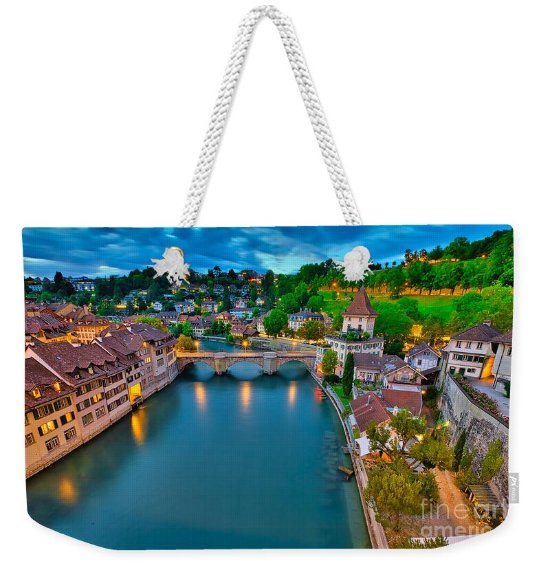 Berne Weekender Tote Bag featuring the photograph Skyline of Bern at evening by Benny Marty