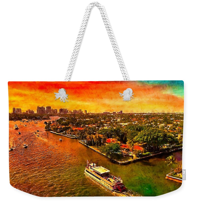 Florida Weekender Tote Bag featuring the digital art Skyline of downtown Fort Lauderdale seen from the New River at sunset - oil painting by Nicko Prints