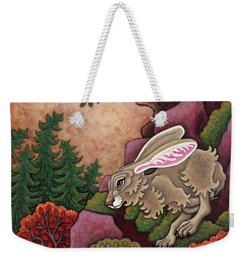 Hare Weekender Tote Bag featuring the painting Slopeside Sprint by Amy E Fraser