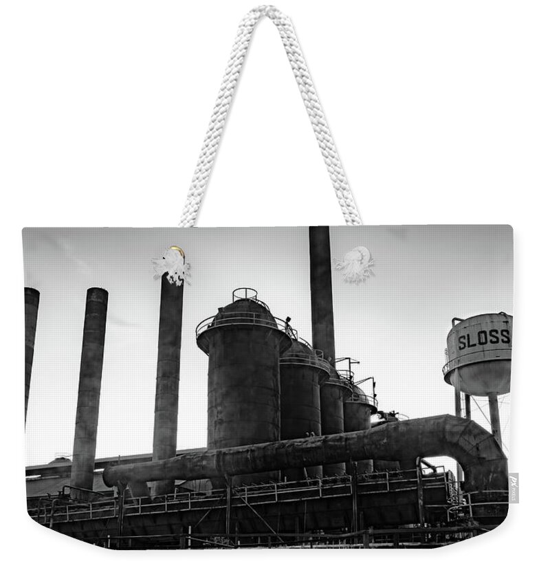 Birmingham Print Weekender Tote Bag featuring the photograph Sloss Furnaces Of Birmingham Alabama Panorama - Monochrome Edition by Gregory Ballos