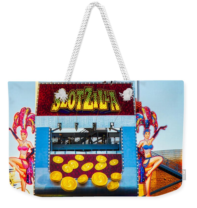 Slotzilla Weekender Tote Bag featuring the photograph Slotzilla Zip Line Las Vegas by Tatiana Travelways