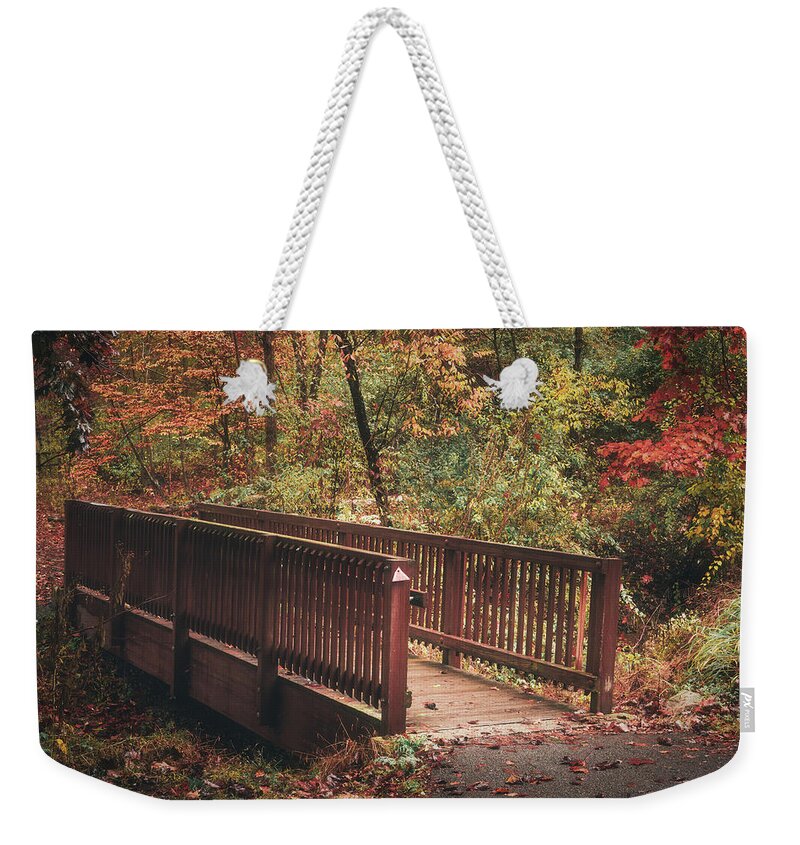 Bridge Weekender Tote Bag featuring the photograph Small Footbridge in Autumn - Trexler Nature Preserve by Jason Fink