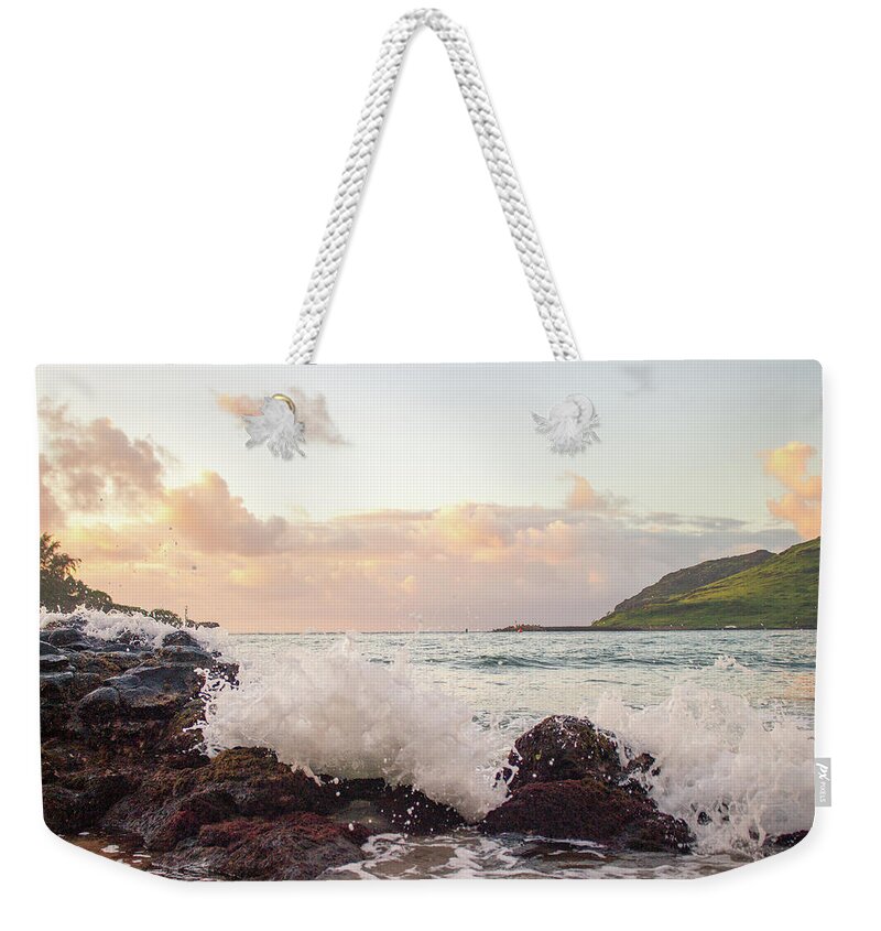 Ocean Weekender Tote Bag featuring the photograph Crashing Ocean Waves at Sunrise in Hawaii by Auden Johnson
