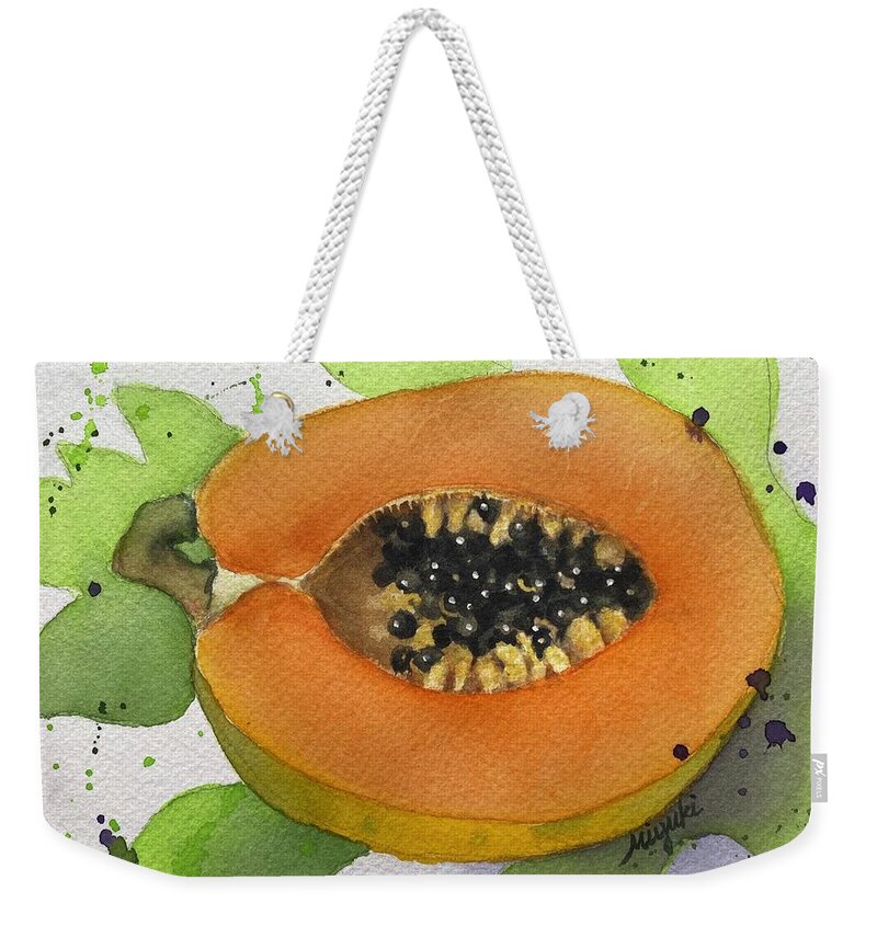 Papaya Weekender Tote Bag featuring the painting Smiling Papaya by Kelly Miyuki Kimura