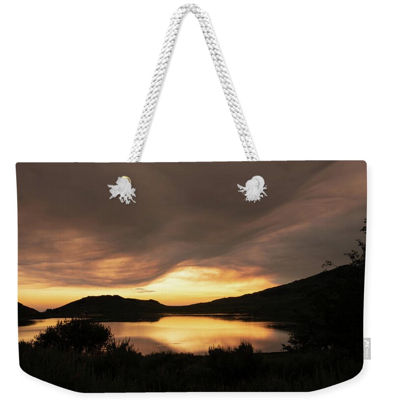 Sunrise Weekender Tote Bag featuring the photograph Smoky Dawn at Onion Reservoir by Ron Long Ltd Photography