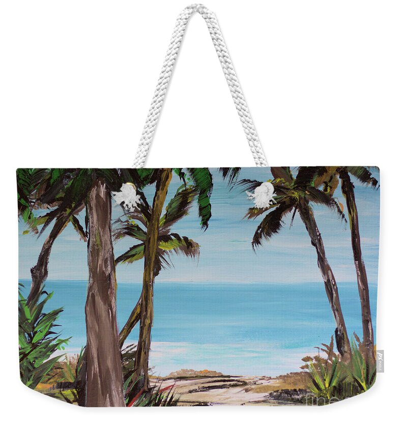 Palm Tree Beach Ocean Sea Island Water Sand Weekender Tote Bag featuring the painting Smooth Water by James and Donna Daugherty