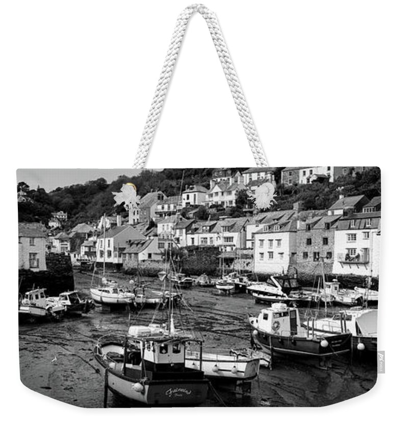 Coast Weekender Tote Bag featuring the photograph Smugglers Cove Polperro Fishing Harbour Black and White 2 by Sonny Ryse