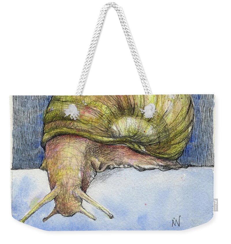 Snail Weekender Tote Bag featuring the mixed media Snail Search by AnneMarie Welsh