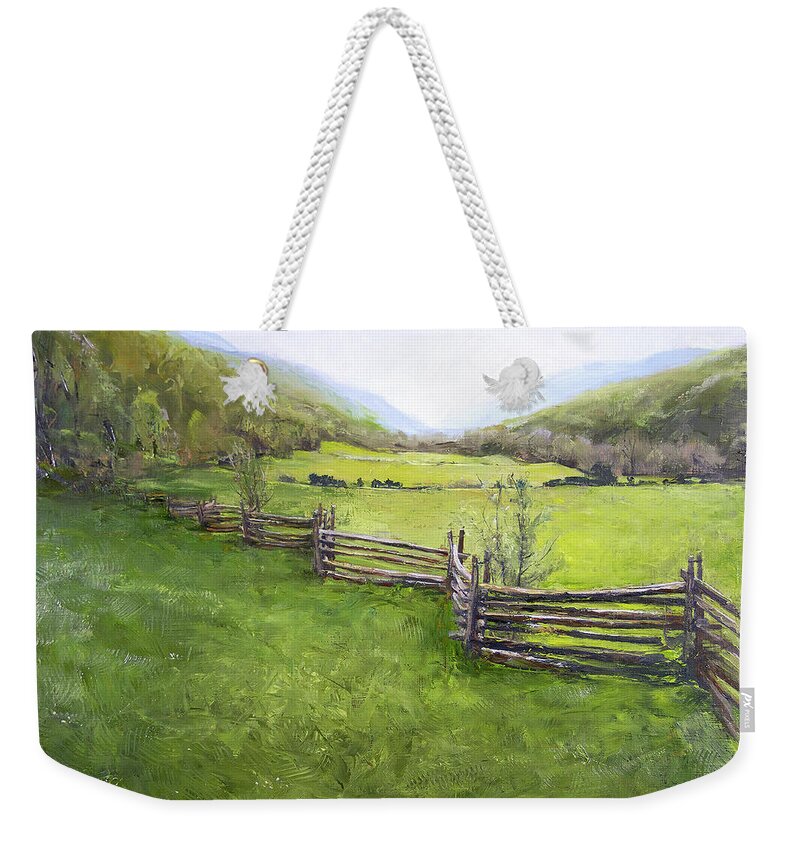Snake Fence Weekender Tote Bag featuring the painting Snake Fence - The Land Before The Dam by Hone Williams